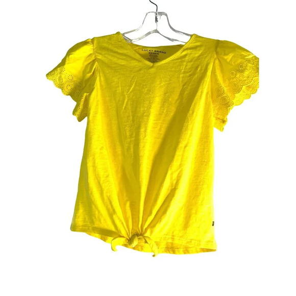 Lucky Brand Other - Lucky Brand Girls Top Yellow Short Lace Sleeves Tie Up V-Neck Size M 8-10